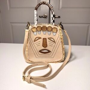 En Shalla Tribal Face Leather Crossbody Bag Beaded Handle Fringe Boho Cream